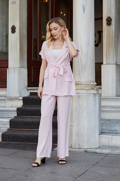 Jument Women's Silky Modal Fabric High Waist Elastic Waist Epaulets Side Pockets Wide Leg Palazzo Pants-Pink