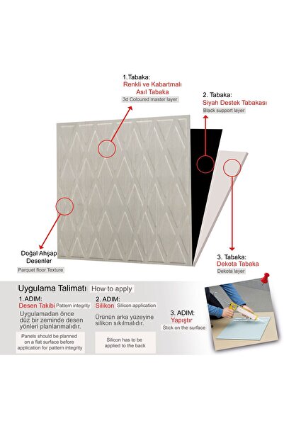 TİNK 3 Boyutlu Duvar Paneli Kabartmalı Baklava Desen Pvc 41x41 cm/ 6 Adet /1 m² Beyaz Huş