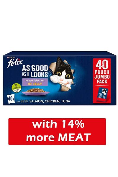 Felix Adult Cat Jelly Food 40-Packets Mixed Selection in 4 Variety Flavours 40x100g