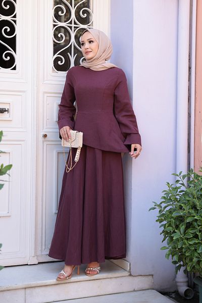 LOCCO Women's Kraş Skirt Linen Dress Burgundy