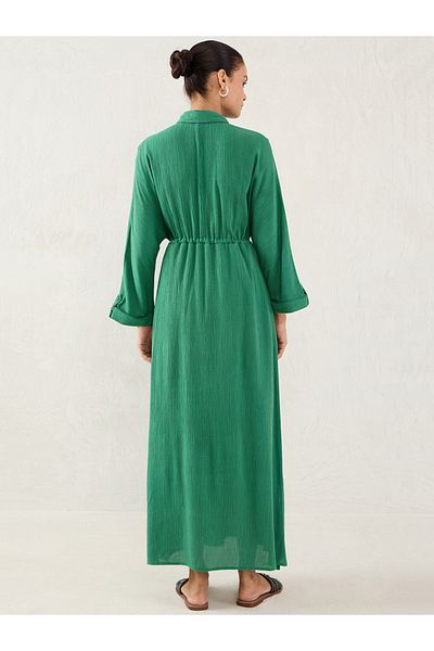 Femmella By Styli Green Crinkled Collared A-Line Maxi Dress with Drawstring Waist