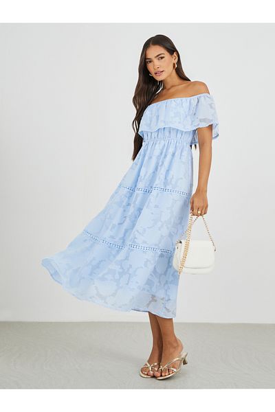 Styli Lace Detail Off Shoulder Tiered Midi Dress