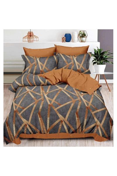 OEM Double Bed Linen Set, 6 Pieces, 2 Persons, 180x200cm, Finet Satin, Geometric Print, Gray-Brown