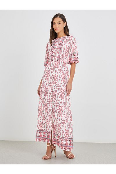 Styli All-Over Print Maxi Dress with Button Front