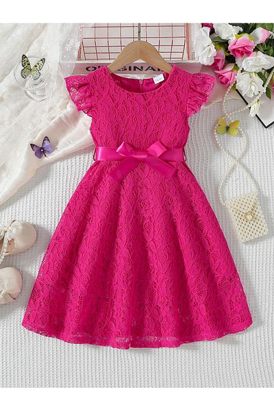 Take Two By Styli Lace Round Neck Bow Detail Ruffle Hem Knee Length Dress