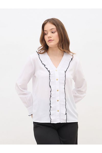 Styli Pleated Ruffle Detail Regular Fit Shirt