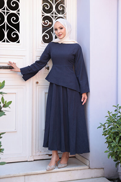 LOCCO Women's Kraş Skirt Linen Dress Navy Blue