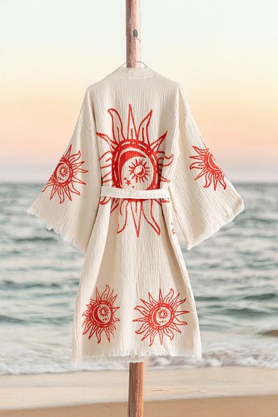 VAROL Organic 100% Cotton Kimono Collar Sabali Bathrobe Beach Dress - Heliona V1 - L/Xl