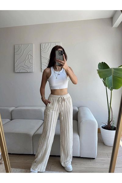Zoom Butik Ribbed High Waist Trousers - Beige