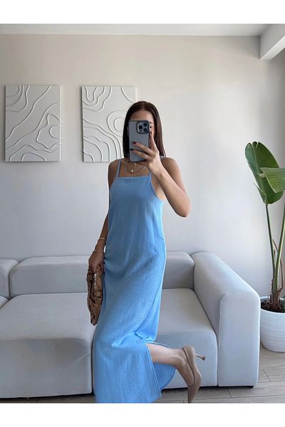 Zoom Butik Slit Linen Strap Dress - Blue