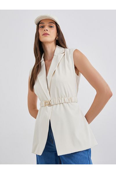 Styli Women Off White Regular Fit Longline Sleeveless Belted Blazer