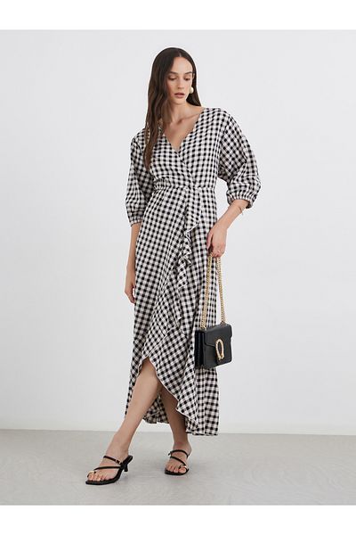 Styli Gingham Check Print Frilled Hem Maxi Dress