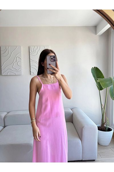 Zoom Butik Slit Linen Strap Dress - Pink