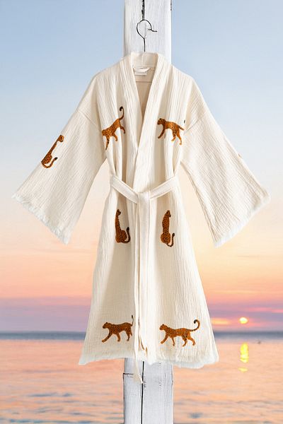 VAROL Organic 100% Cotton Kimono Collar Sabali Bathrobe Beach Dress - Leopard - L/Xl