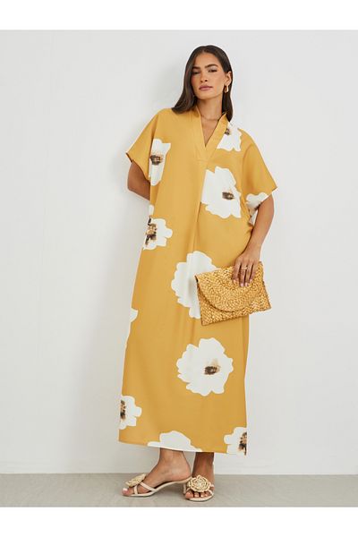 Styli Floral Print Batwing Sleeve V-Neck Maxi Dress