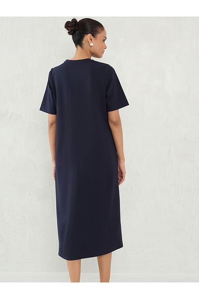 Femmella By Styli Navy Blue Solid Knit Shift Midi Dress with Slit Detail
