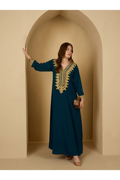 Styli Embellished Lace Detail V Neck Jalabiya