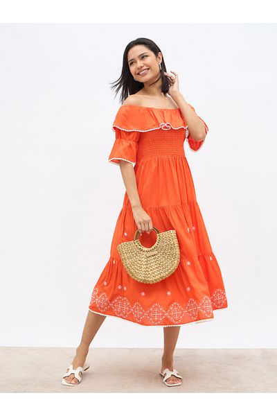 Styli Embroidered Smocked Off-Shoulder Tiered Midi Dress