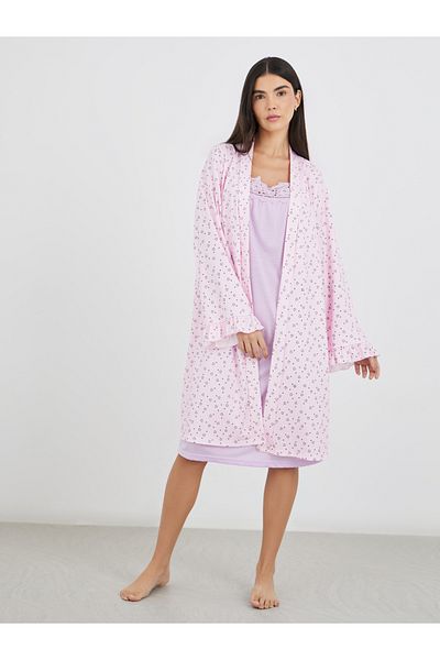 Styli Ribbed Texture Heart Print Ruffle Sleeve Robe