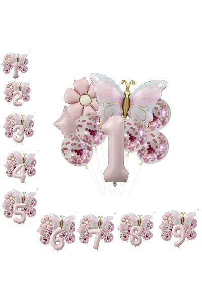 parti sürprizi Gold Butterfly Daisy 1 Year Old Foil Balloon Set