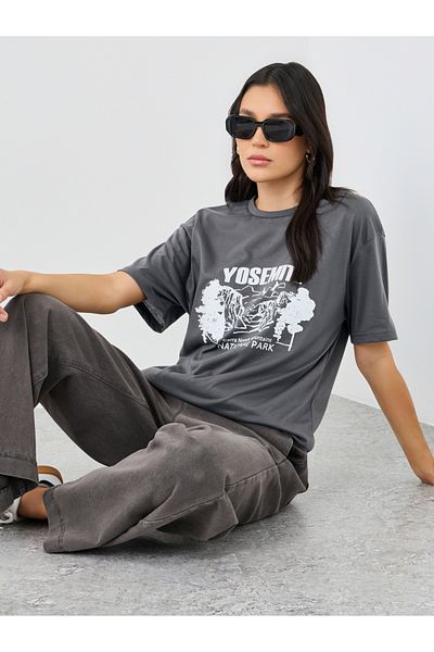 Styli Women Grey Yosemite Graphic Oversized T-Shirt