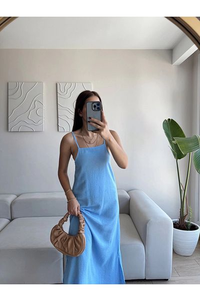 Zoom Butik Slit Linen Strap Dress - Blue