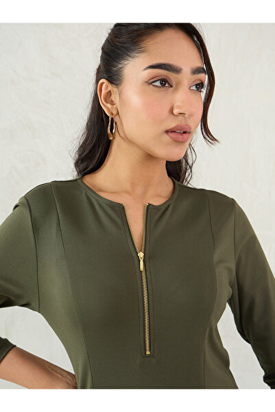 Femmella By Styli Olive Solid Half Zip A-Line Midi Dress