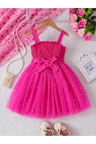 Take Two By Styli Girls Neon Pink Embellished Smocking Detail A-Line Dress