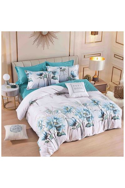 JOJO HOME Double Bed Linen with Elastic, Jojo Home, Floral Print, Turquoise, 6 Pieces
