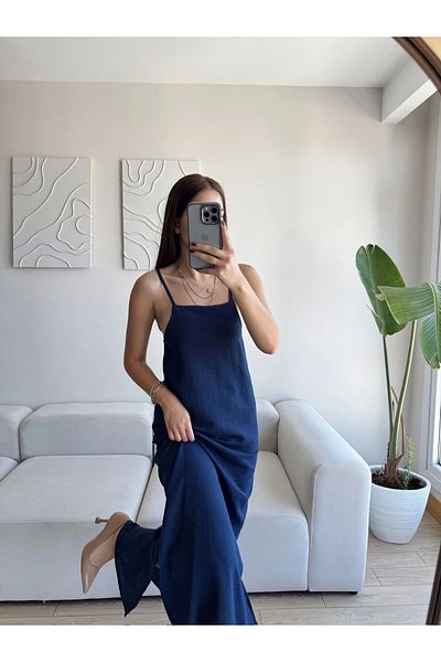 Zoom Butik Slit Linen Strap Dress - Dark Blue