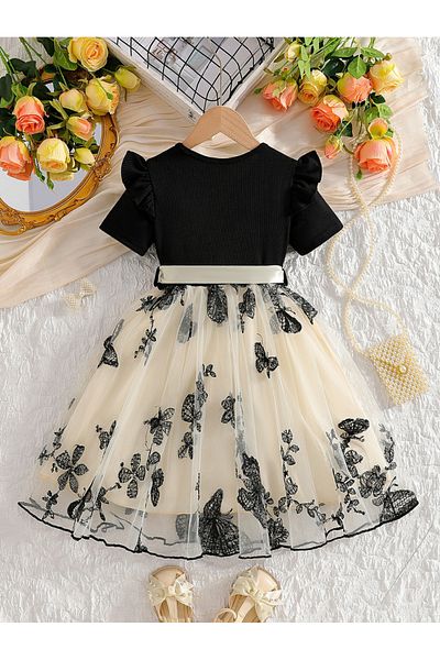 Take Two By Styli Round Neck Bow Detail Ruffle Hem Mesh Knee Length Dress
