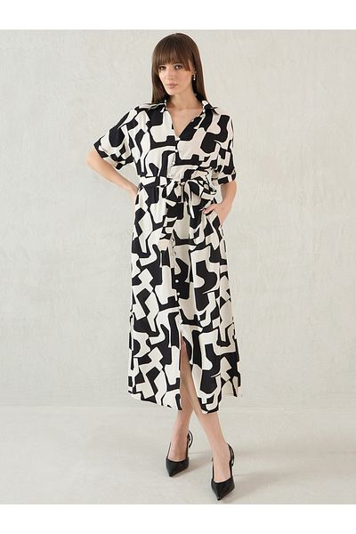 Femmella By Styli Abstract Print Collared Shirt Midi Dress with Belt Detail