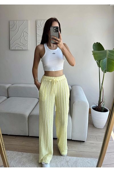 Zoom Butik Ribbed High Waist Trousers - Yellow