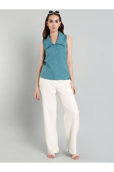 Mish By Styli Women Blue Plain Sleeveless Top with Wide Collar