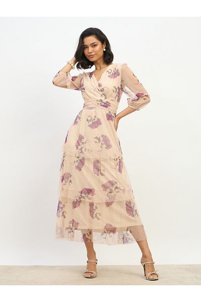 Styli All-Over Floral Print V Neck Tiered Maxi Dress