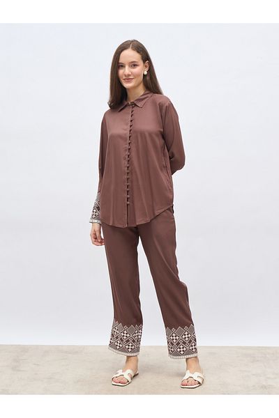 Styli Brown Embroidered Shirt and Straight Fit Pants Co-Ords