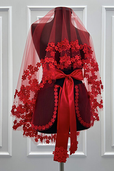 ZEYMERADE Kırmızı Gelin Duvak Seti, 3D Çiçek Ve İncili, Kına Gecesi Duvağı Yü...