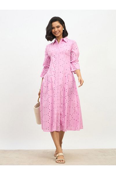 Styli Schiffli 3/4 Sleeve Shirt Midi Dress