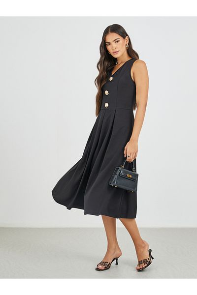 Styli Solid Sleeveless Buttoned A-Line Midi Dress