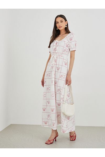 Styli Printed Puff Sleeve Round Neck Maxi Dress