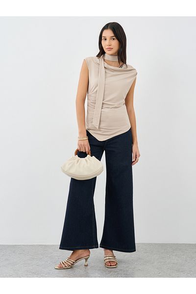 Styli Beige Front Draped Sleeveless Top