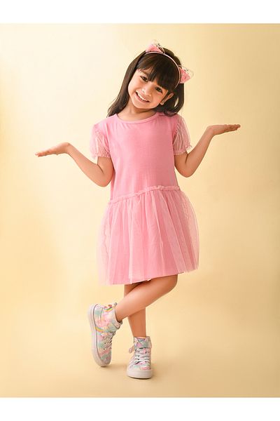 LilPicks By Styli Mesh Insert Round Neck Dress