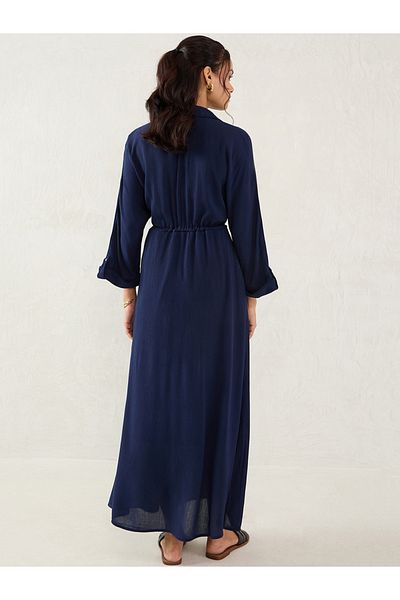 Femmella By Styli Blue Crinkled Collared A-Line Maxi Dress with Drawstring Waist