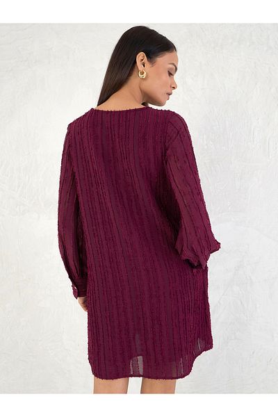Femmella By Styli Burgundy Textured Notch Neck Shift Mini Dress