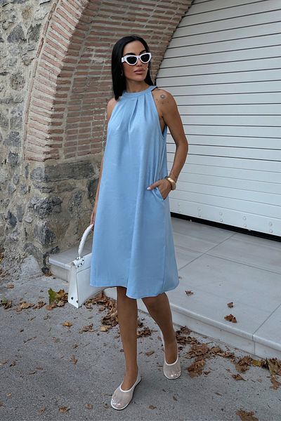 Fav Style Women's Halter Neck Sleeveless Pocketed Linen Woven Short Dress Blue