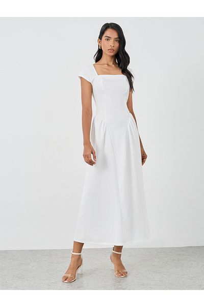 Styli Solid Square Neck Short Sleeve Midi Dress