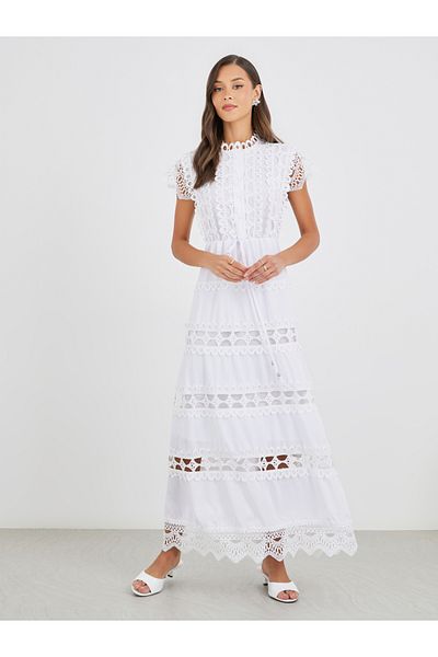 Styli Solid Lace Short Sleeves Tiered Maxi Dress with Tie Detail