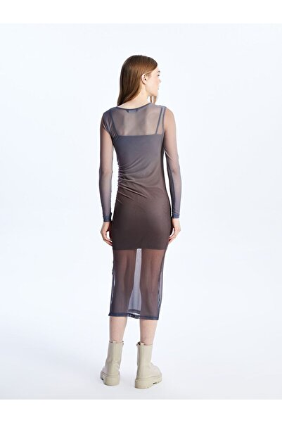 LC Waikiki Καφέ γυναικείο φόρεμα με μακρυμάνικο λαιμόκοψη με μακρύ μανίκι