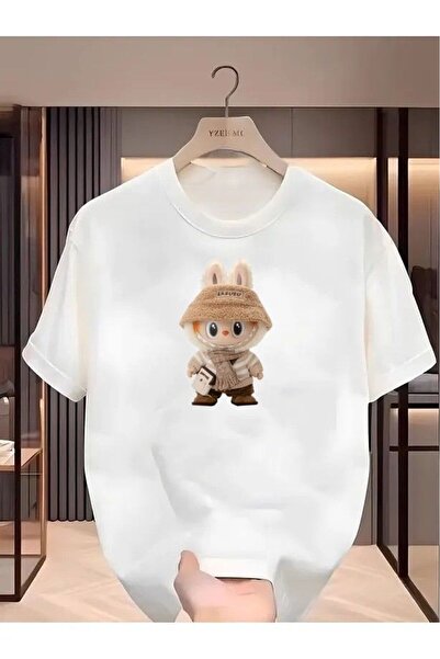 İnazuma Outdoors تيشيرت أبيض مطبوع بقصة واسعة للجنسين، بياقة دائرية وأكمام قص...