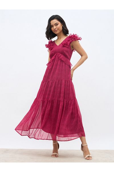 Styli Women All-Over Print V Neck Tiered Maxi Dress with Ruffle Trim